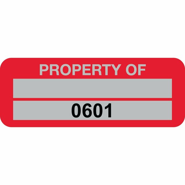 Lustre-Cal Property ID Label PROPERTY OF5 Alum Red 2in x 0.75in 1 Blank Pad&Serialized 0601-0700, 100PK 253740Ma2Rd0601
